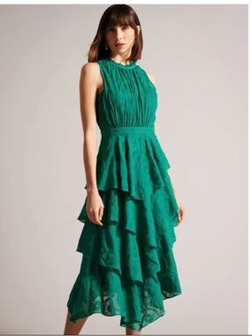 Ted Baker NWT Green Sleeveless Tiered Ruffle Midi Dress wedding guest feminine